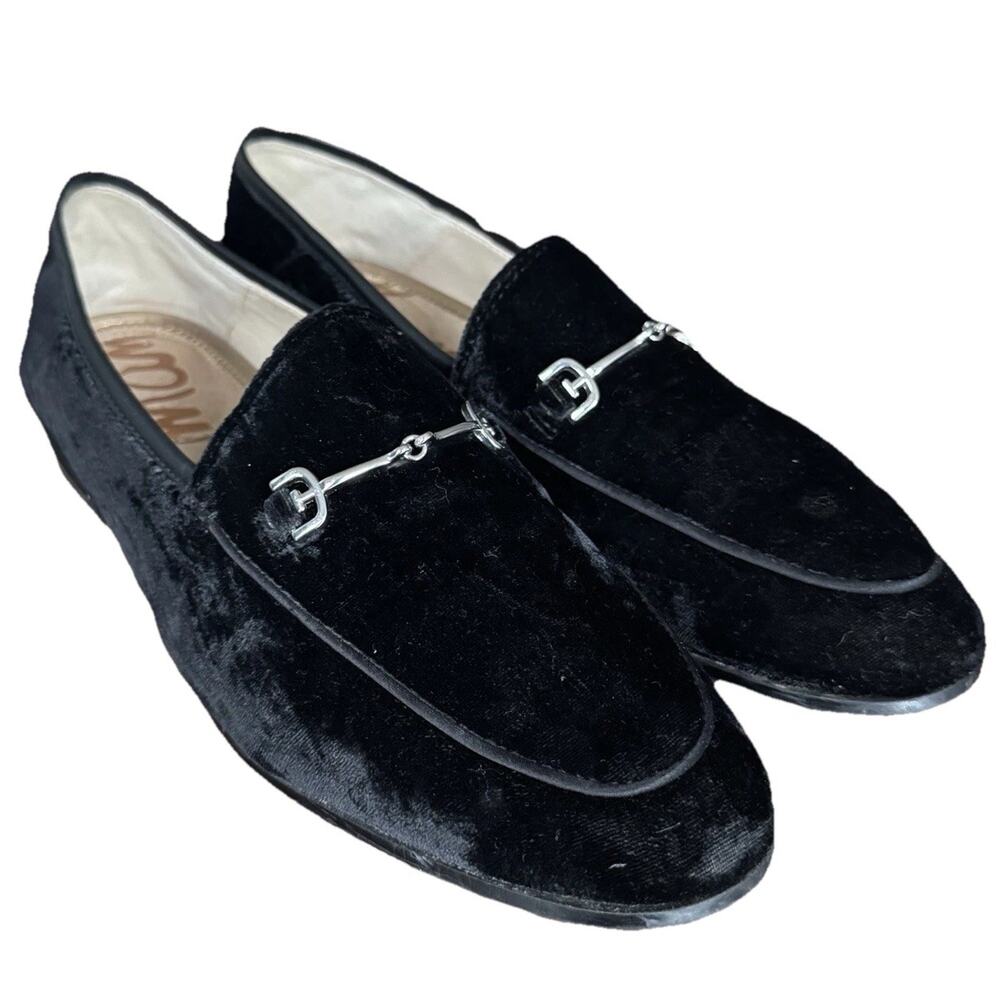 Sam Edelman Loraine Black Velvet Loafers Silver Horsebit Hardware Size 8.5